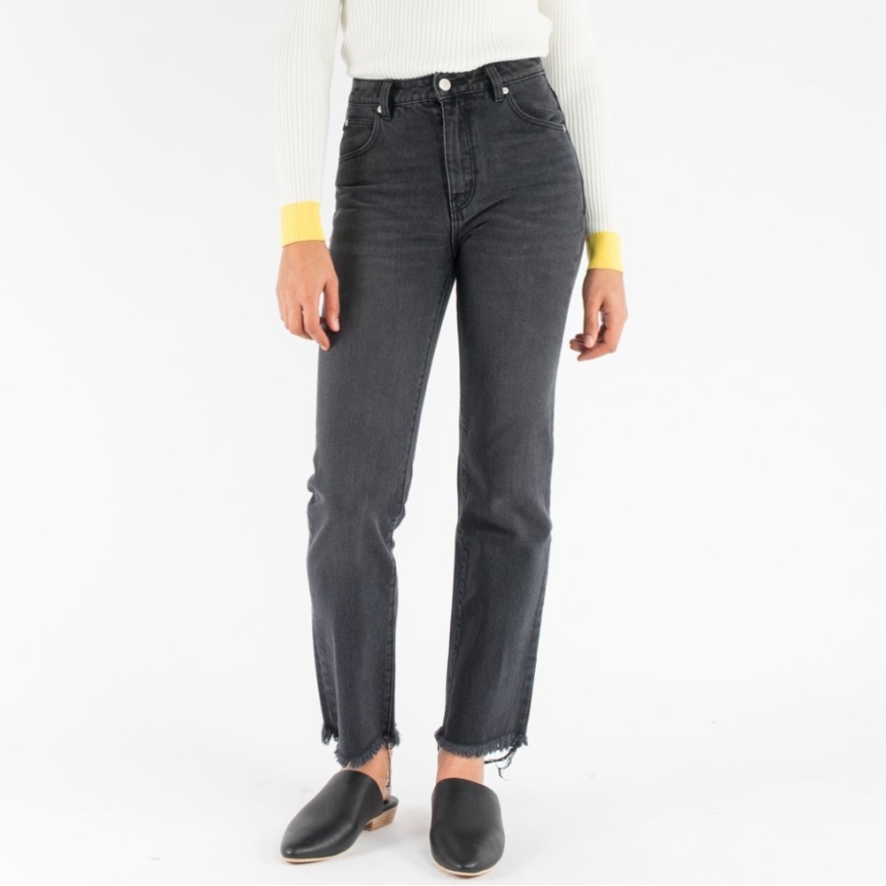 Rolla’s Original Cropped Straight high rise raw hem black stone cotton jeans